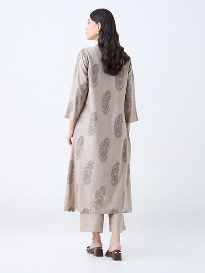 Zuba Light Brown Botanical Pattern A-Line Kurta