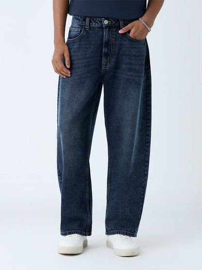 Nuon Blue Washed Barrel-Fit Mid-Rise Jeans