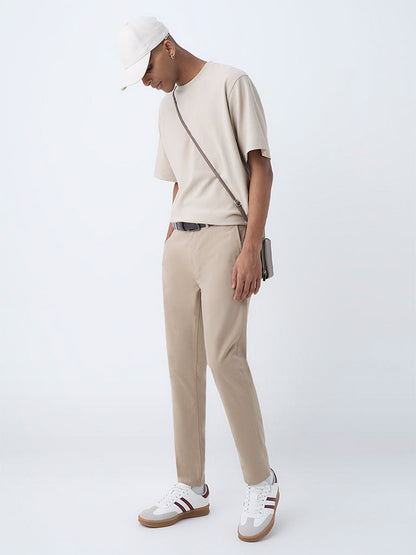 Nuon Beige Solid Relaxed-Fit Mid-Rise Cotton-Blend Chinos
