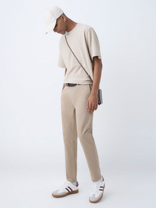 Nuon Beige Solid Relaxed-Fit Mid-Rise Cotton-Blend Chinos
