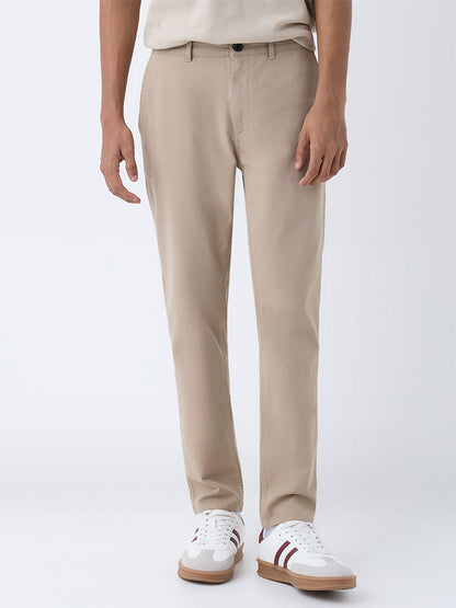Nuon Beige Solid Relaxed-Fit Mid-Rise Cotton-Blend Chinos