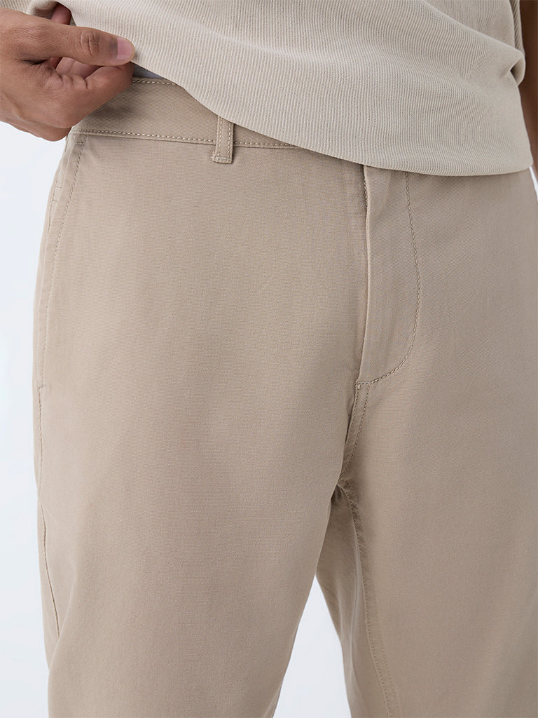 Nuon Beige Solid Relaxed-Fit Mid-Rise Cotton-Blend Chinos