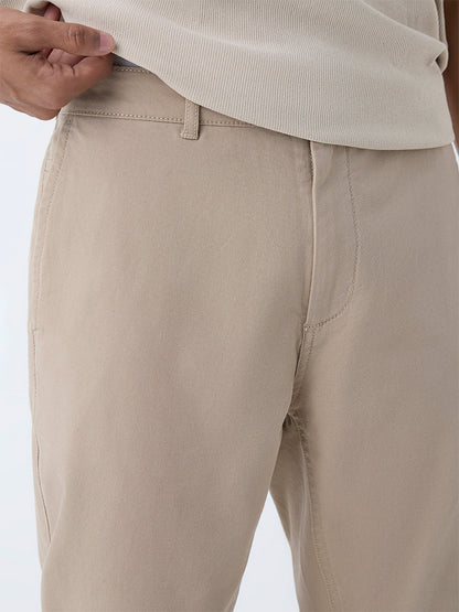 Nuon Beige Solid Relaxed-Fit Mid-Rise Cotton-Blend Chinos