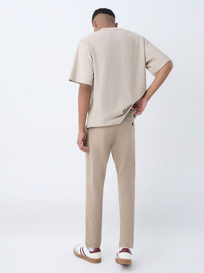 Nuon Beige Solid Relaxed-Fit Mid-Rise Cotton-Blend Chinos
