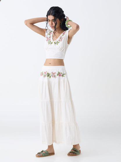 Bombay Paisley Off-White Embroidered Tiered Cotton Skirt