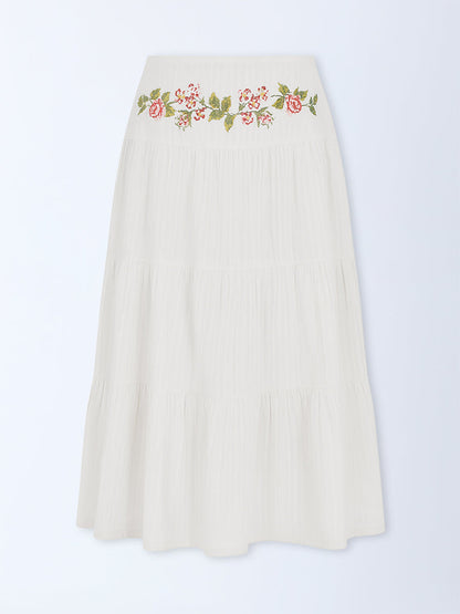 Bombay Paisley Off-White Embroidered Tiered Cotton Skirt