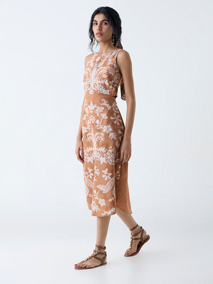 Bombay Paisley Tan Floral Design Cotton A-Line Dress