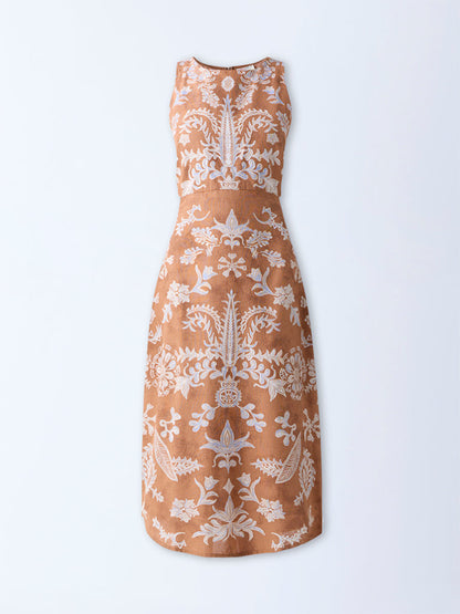 Bombay Paisley Tan Floral Design Cotton A-Line Dress