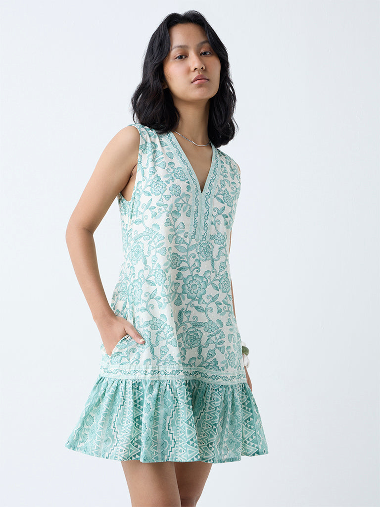 Bombay Paisley Green Floral Pattern Cotton Drop Waist Dress