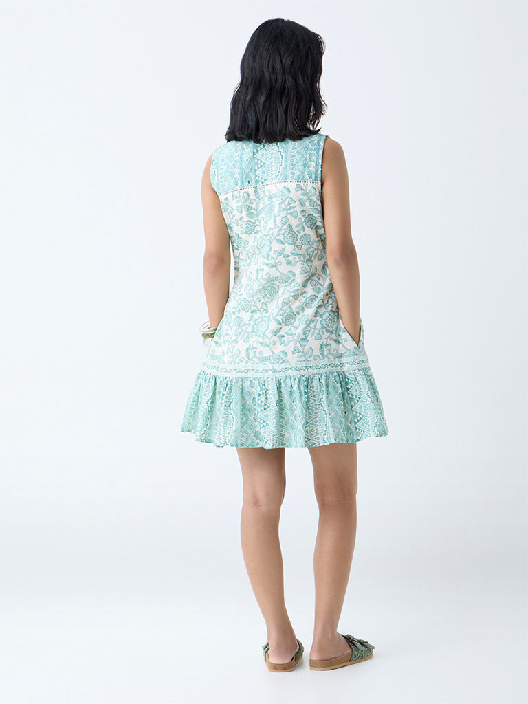 Bombay Paisley Green Floral Pattern Cotton Drop Waist Dress