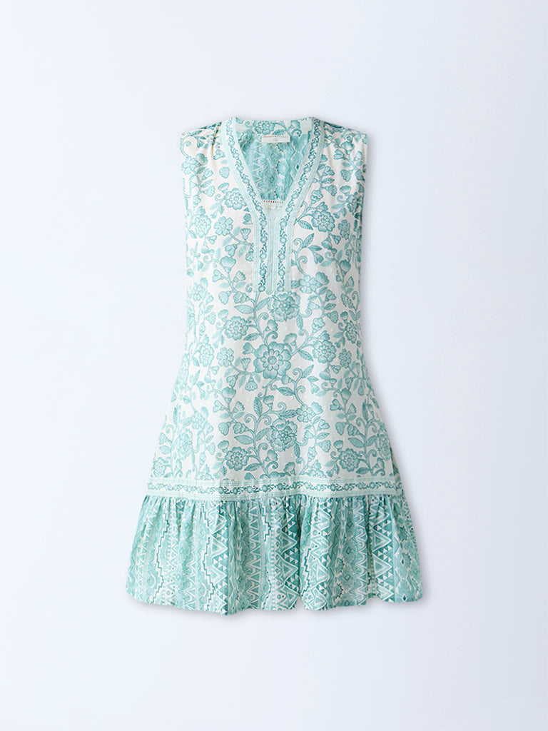 Bombay Paisley Green Floral Pattern Cotton Drop Waist Dress