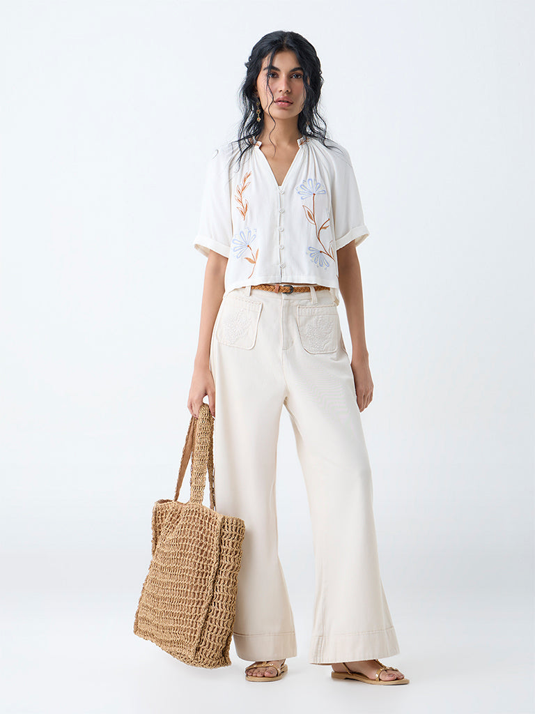 Bombay Paisley Off-White Floral Embroidered Top