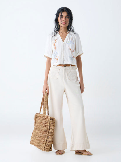 Bombay Paisley Off-White Floral Embroidered Top