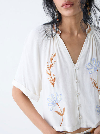 Bombay Paisley Off-White Floral Embroidered Top