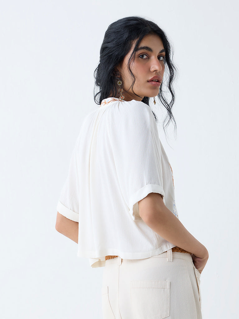Bombay Paisley Off-White Floral Embroidered Top