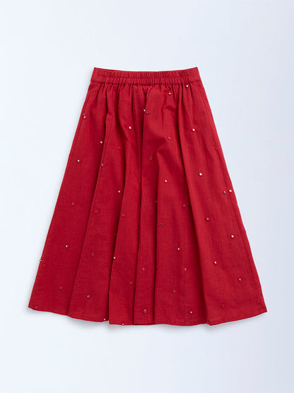 Utsa Kids Red Mirror-Work Detailed Cotton Skirt - (2-8yrs)