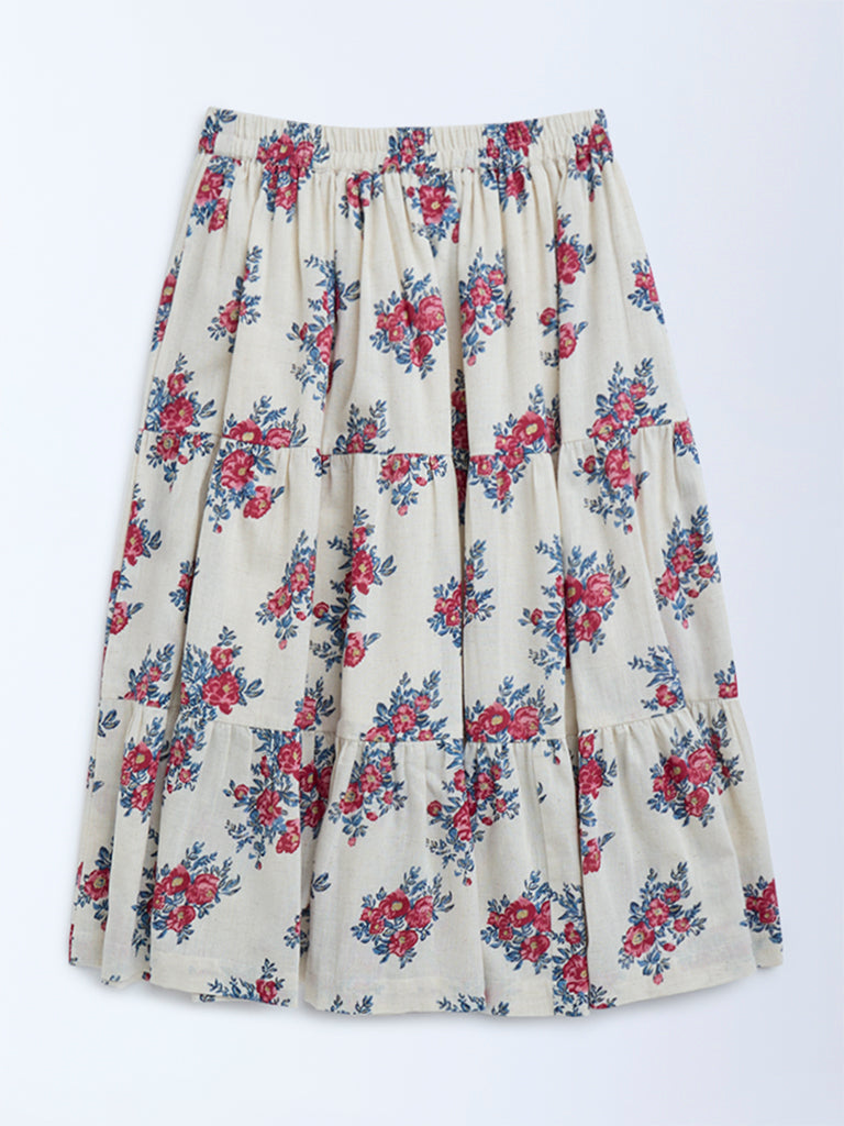 Utsa Kids Off-White Floral Tiered Cotton-Blend Skirt - (8-14yrs)