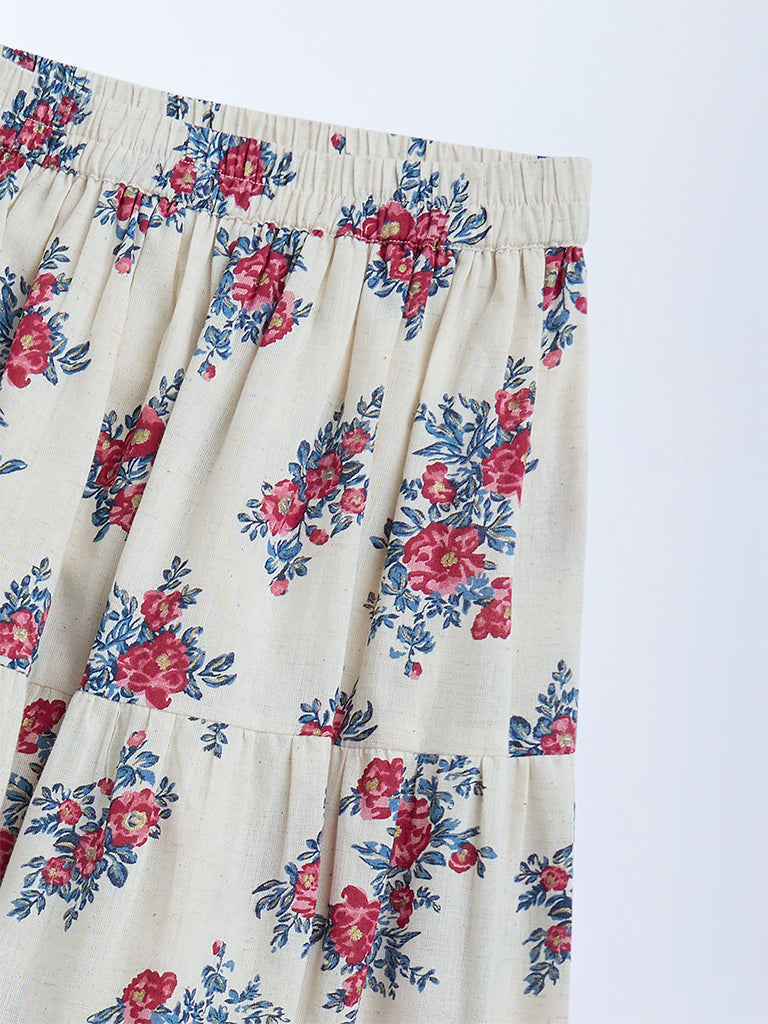 Utsa Kids Off-White Floral Tiered Cotton-Blend Skirt - (8-14yrs)