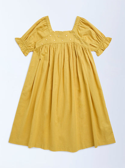 Utsa Kids Yellow Mirror Work Cotton Empire-Line Dress - (8-14yrs)