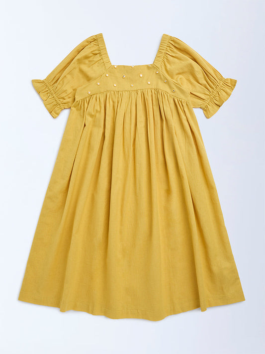 Utsa Kids Yellow Mirror Work Cotton Empire-Line Dress - (8-14yrs)