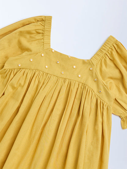 Utsa Kids Yellow Mirror Work Cotton Empire-Line Dress - (8-14yrs)