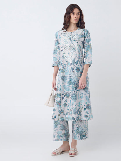 Utsa Teal Floral Pattern A-Line Kurta