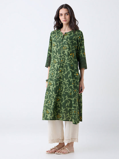 Utsa Green Botanical Pattern Cotton A-Line Kurta
