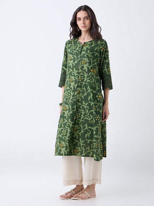 Utsa Green Botanical Pattern Cotton A-Line Kurta
