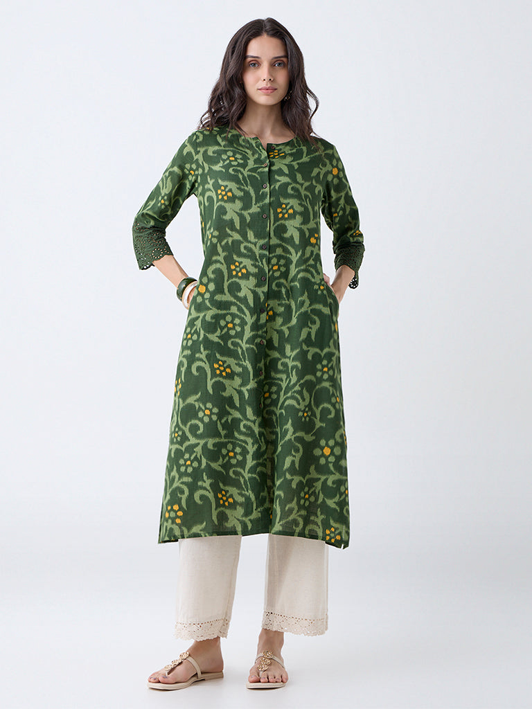 Utsa Green Botanical Pattern Cotton A-Line Kurta