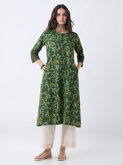 Utsa Green Botanical Pattern Cotton A-Line Kurta