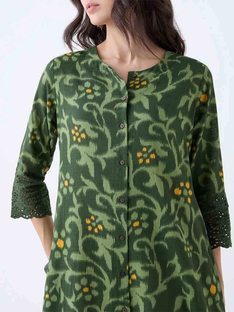 Utsa Green Botanical Pattern Cotton A-Line Kurta