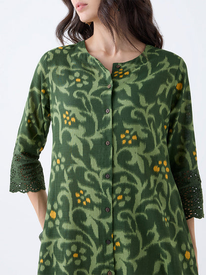 Utsa Green Botanical Pattern Cotton A-Line Kurta