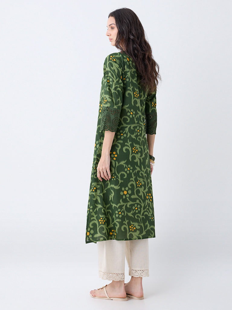 Utsa Green Botanical Pattern Cotton A-Line Kurta