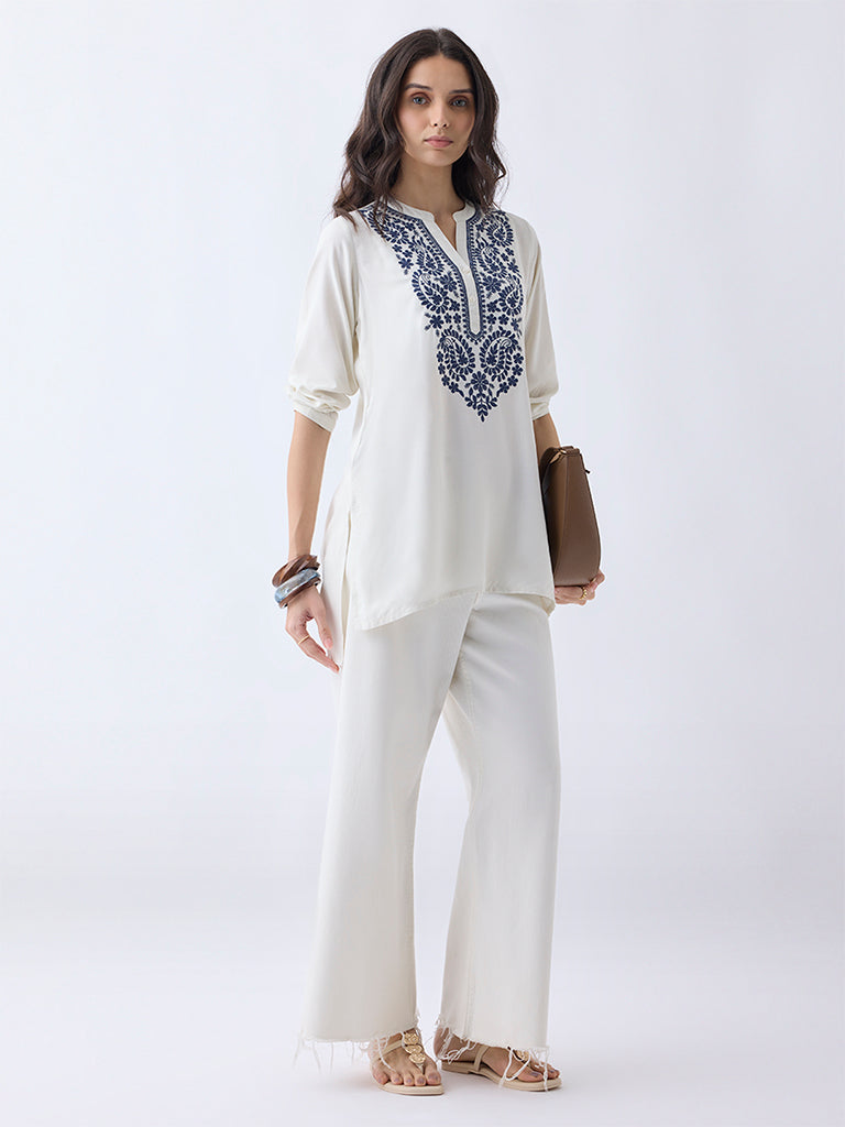 Utsa Off-White Embroidered High-Low Kurti