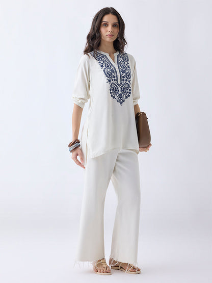 Utsa Off-White Embroidered High-Low Kurti