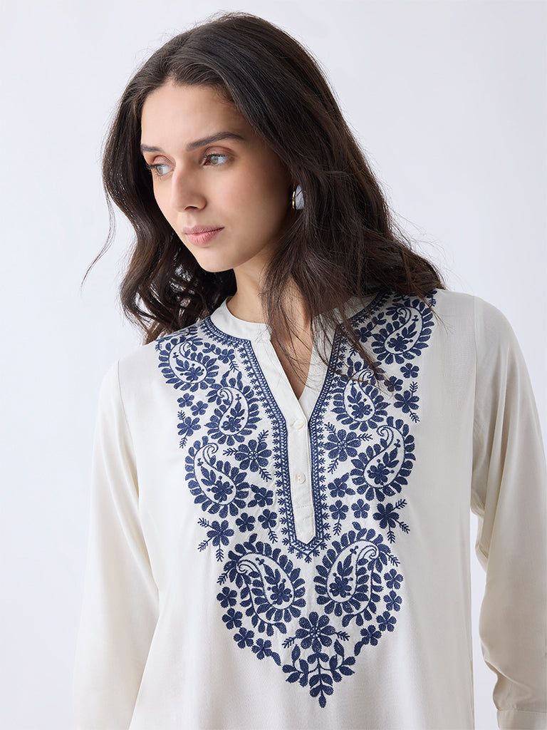 Utsa Off-White Embroidered High-Low Kurti