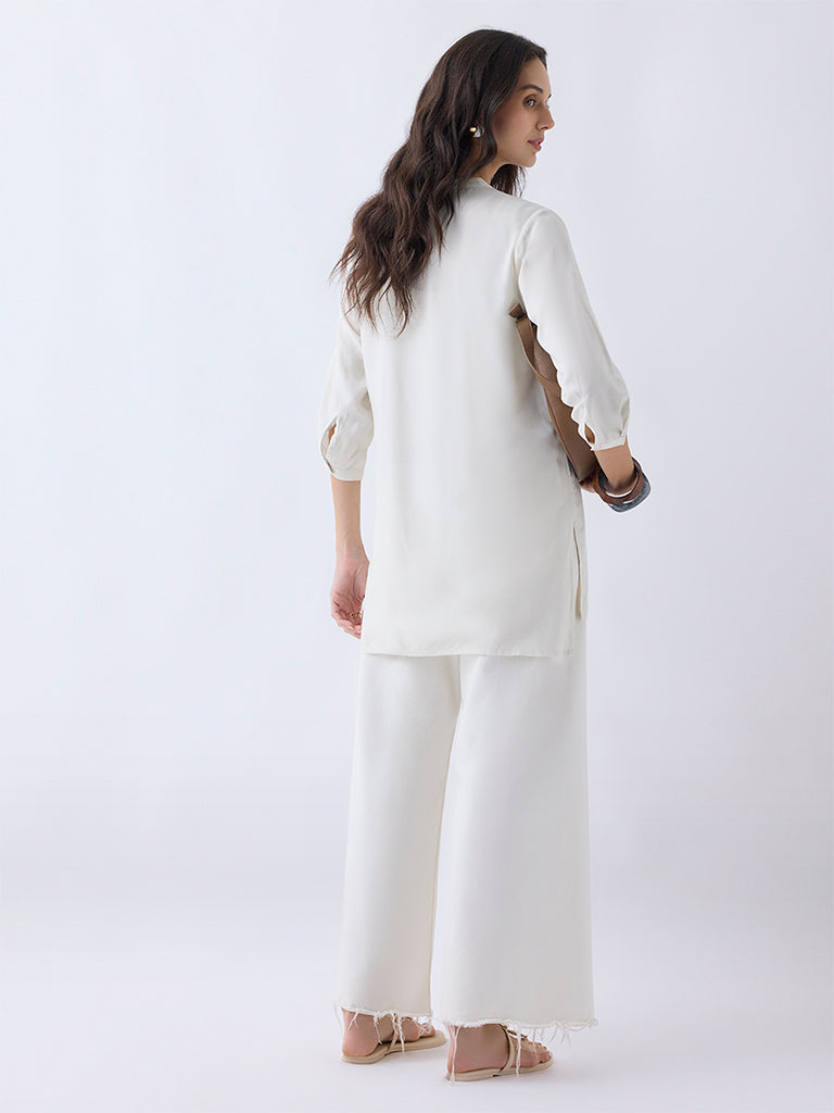 Utsa Off-White Embroidered High-Low Kurti