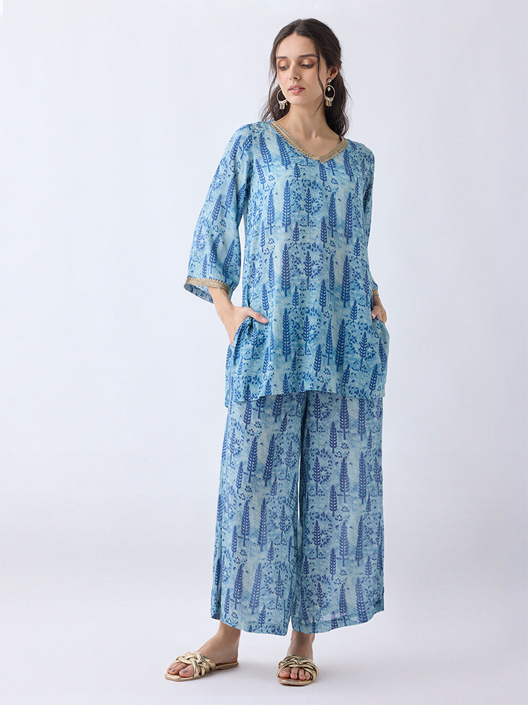 Utsa Blue Botanical Pattern Straight Kurti