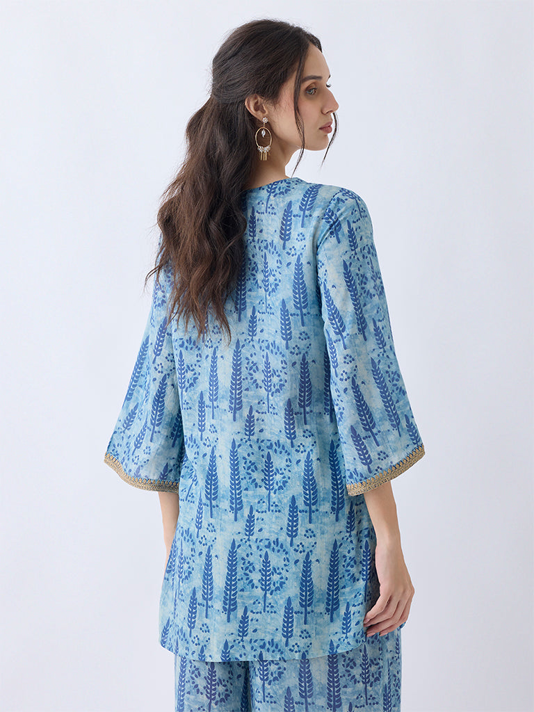 Utsa Blue Botanical Pattern Straight Kurti