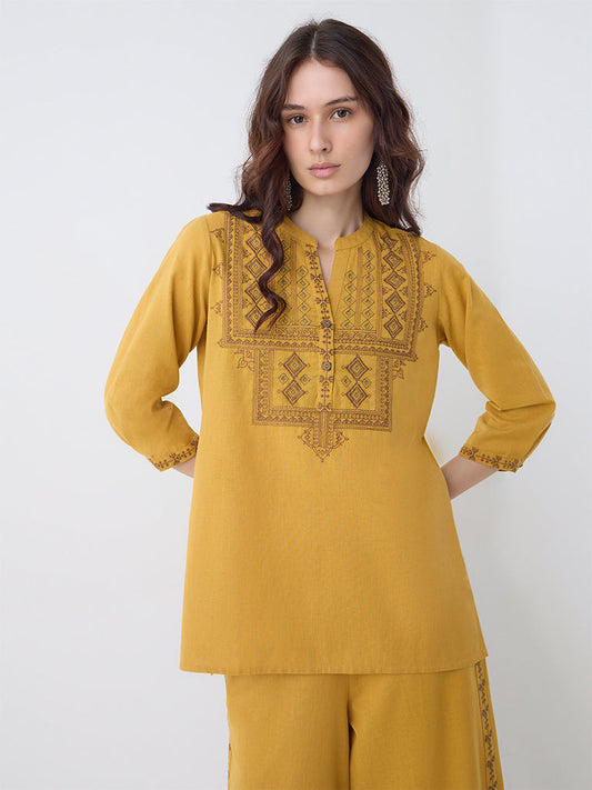 Utsa Mustard Embroidered Cotton Tunic