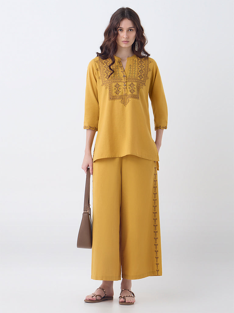 Utsa Mustard Embroidered Cotton Tunic