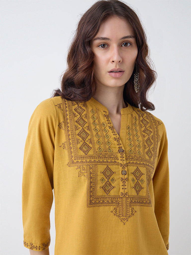 Utsa Mustard Embroidered Cotton Tunic