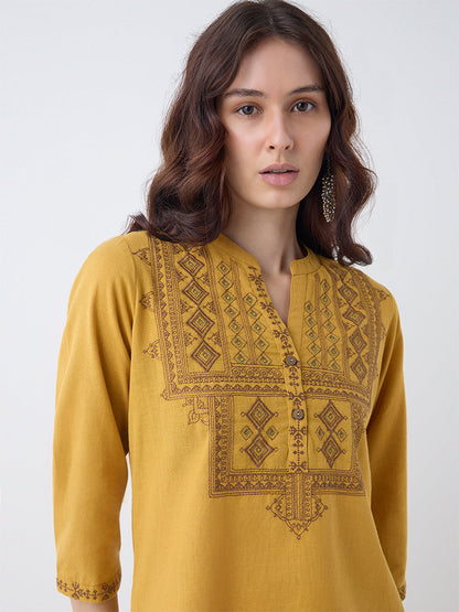 Utsa Mustard Embroidered Cotton Tunic