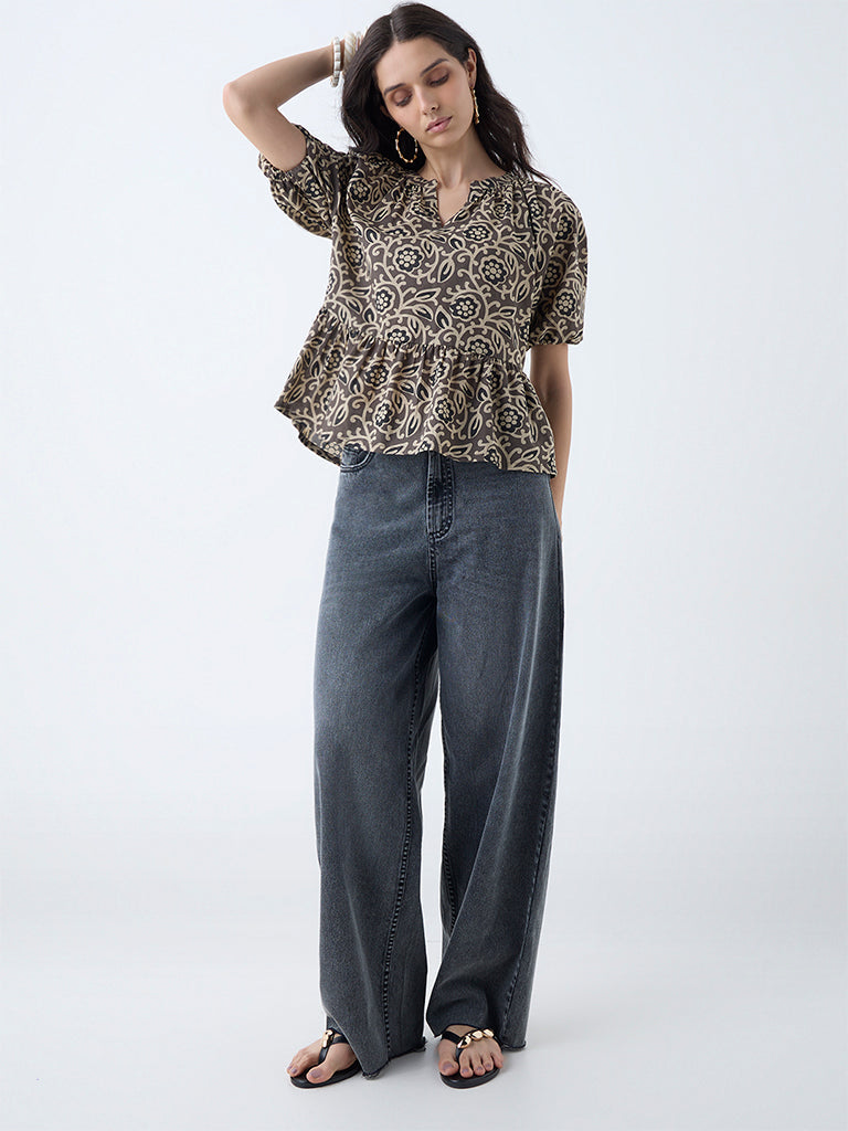 Utsa Taupe Floral Design Cotton Peplum Top