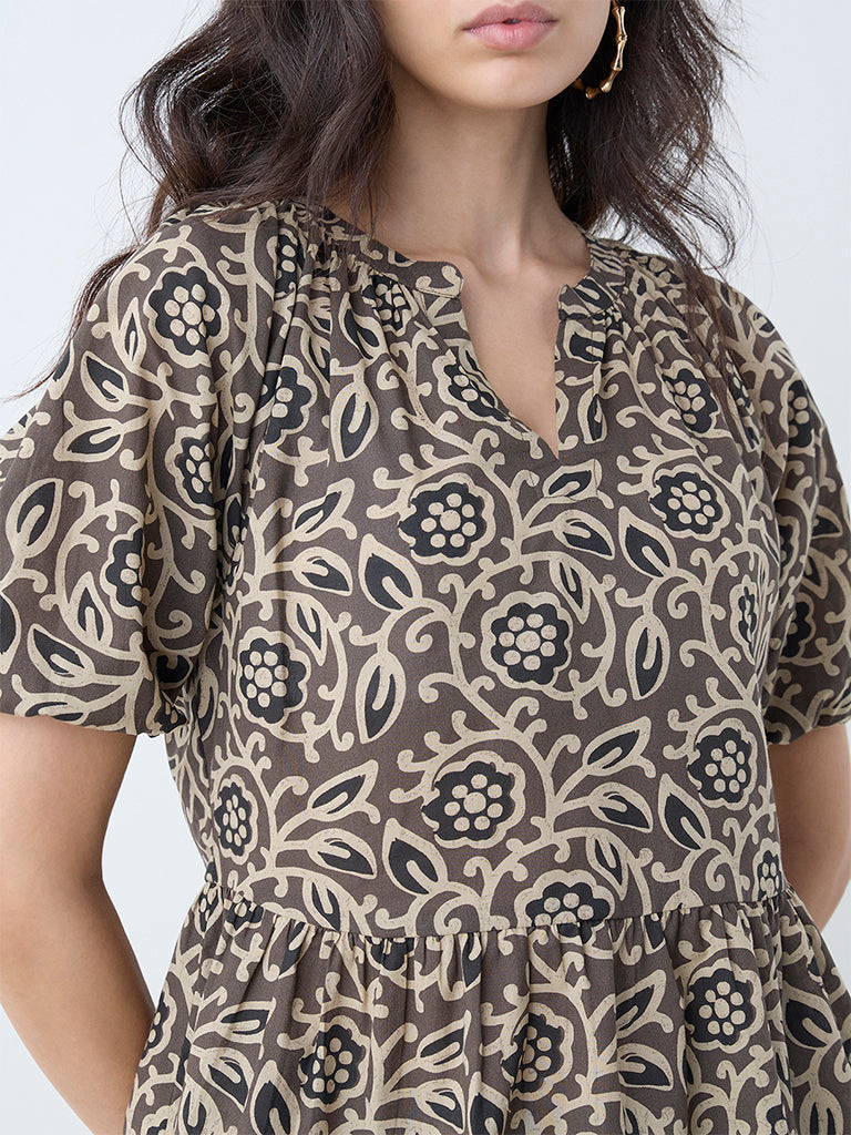 Utsa Taupe Floral Design Cotton Peplum Top
