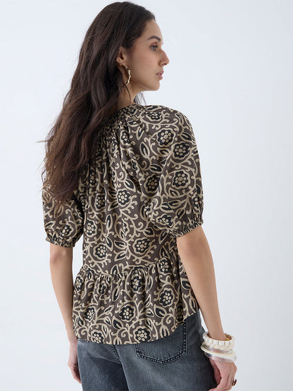 Utsa Taupe Floral Design Cotton Peplum Top