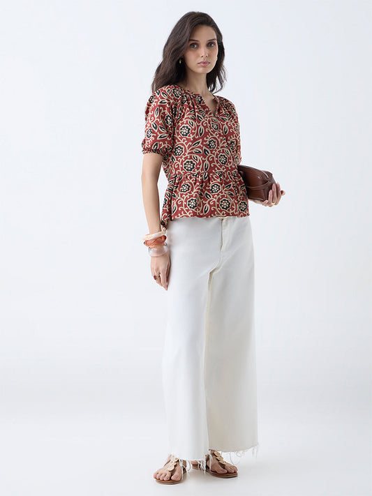 Utsa Red Floral Design Cotton Peplum Top