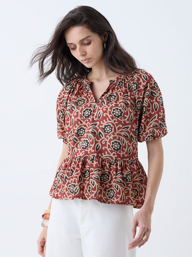 Utsa Red Floral Design Cotton Peplum Top