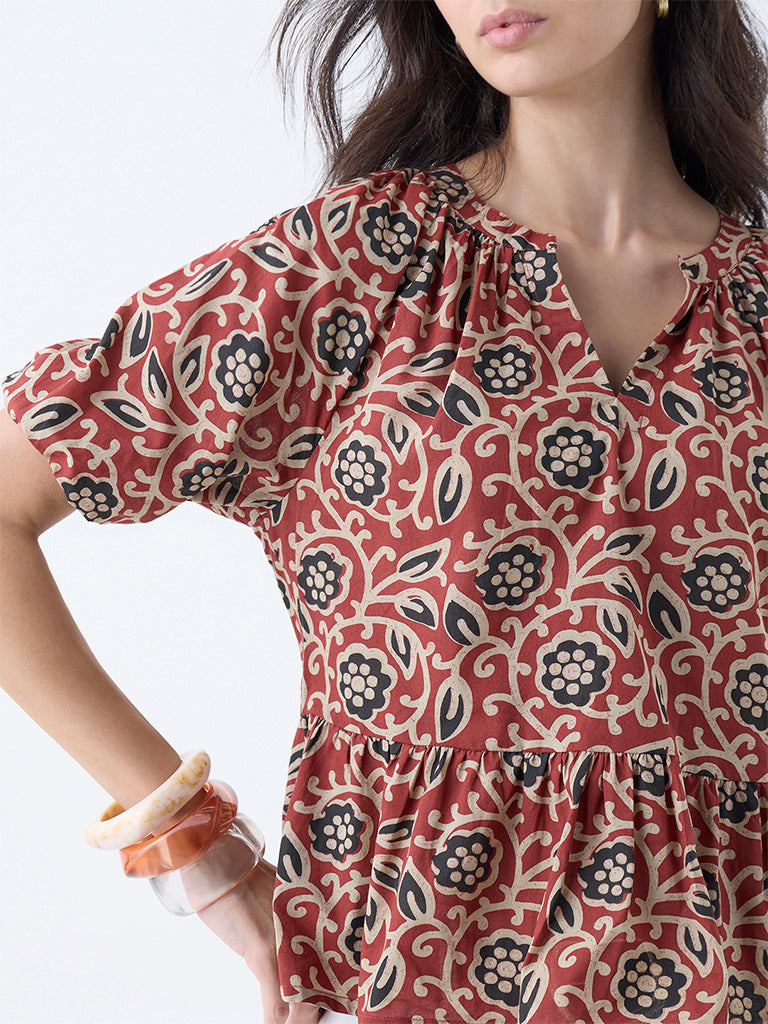 Utsa Red Floral Design Cotton Peplum Top