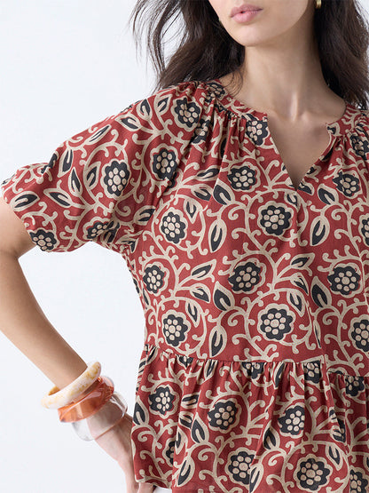 Utsa Red Floral Design Cotton Peplum Top